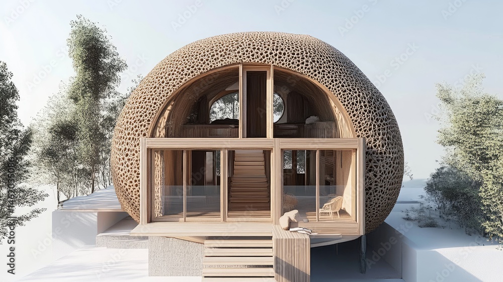 Poster architectural rendering of a rounded wooden structure in snowy landscape