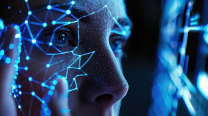 Close up of a face illuminated with blue digital lines and dots in a futuristic setting