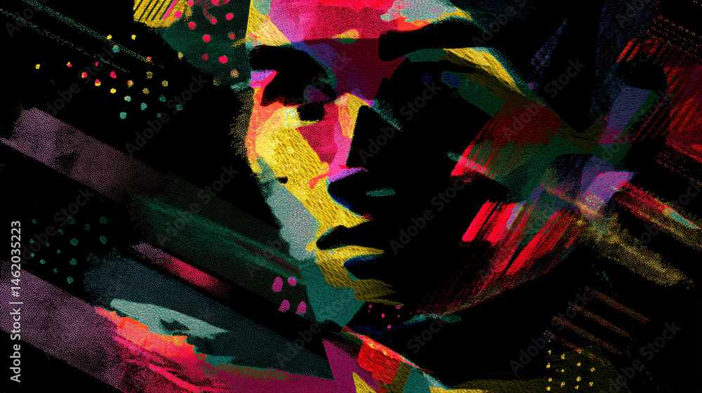Poster vibrant abstract portrait featuring colorful traffic pattern and expressive features, generated by a