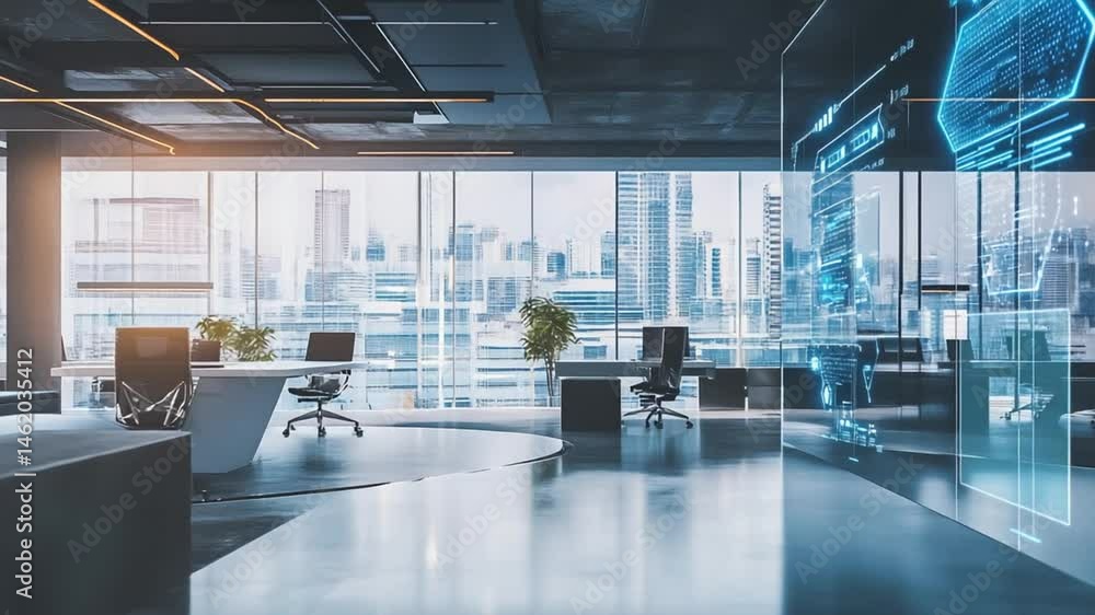 Poster futuristic workplace design with skyline view and holographic interface visualization