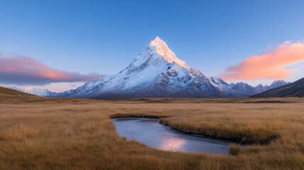 Majestic mountain peak surrounded by golden grassland and serene icy stream reflecting sky