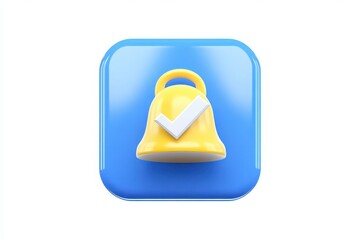 A modern blue notification icon with a yellow bell and white checkmark, representing alerts and updates on a white background