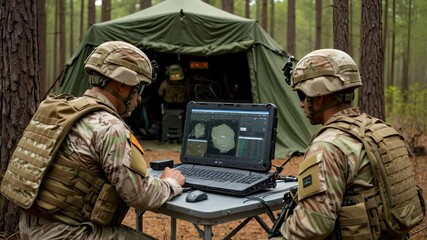 Two soldiers wearing camouflage and protective gear are using a rugged laptop to analyze data in a forest setting, possibly during a military exercise or operation, with a tent in the background - Powered by Adobe
