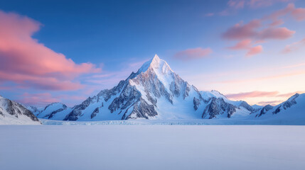 Fototapeta premium Majestic mountain peak surrounded by snow and ice, with beautiful pink sky at sunrise