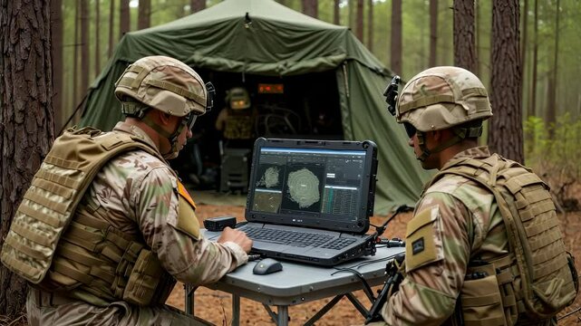 Two soldiers wearing camouflage and protective gear are using a rugged laptop to analyze data in a forest setting, possibly during a military exercise or operation, with a tent in the background