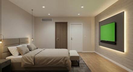 Fototapeta premium Modern Bedroom with Wall-Mounted TV
