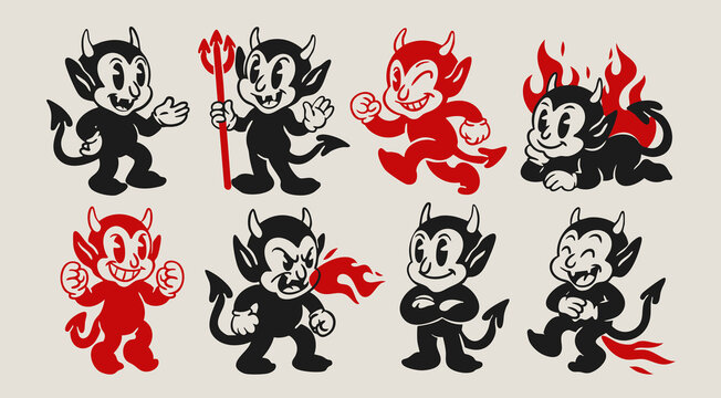 Cute little Devils set. Funny black, red characters with fire, flame, trident. Different poses. Hand drawn Vector illustration. Halloween, retro, vintage, cartoon mascot concept. Isolated elements