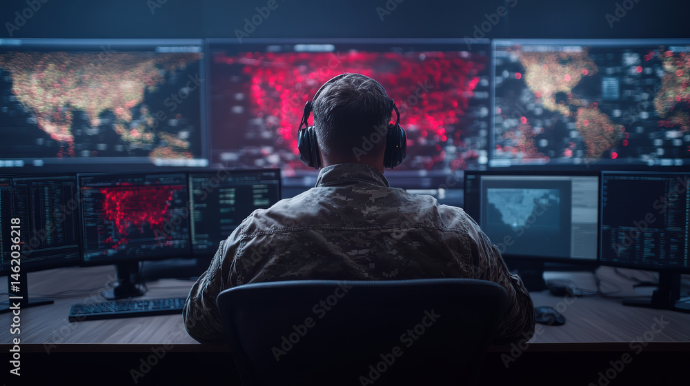 Poster military personnel monitors data high tech control room with multiple screens displaying maps