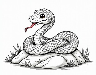 Fototapeta premium Cute Cartoon Snake on Rock - Hand Drawn Illustration