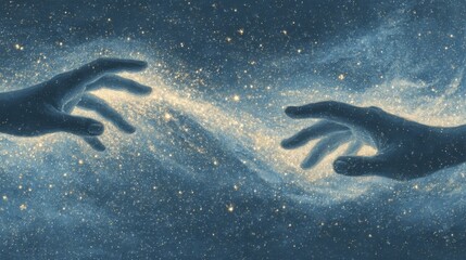 Reaching hands amidst cosmic dust symbolizing connection and creation