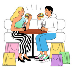 Couple eating burgers after shopping surrounded by colorful bags