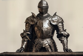 Obraz premium an ornate and elaborately decorated suit of fifteenth-century german plate armor stands prominently against a neutral background.