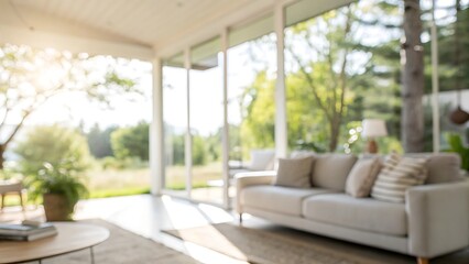 Sunlit home interior with blurred background cozy living room serene environment nature view