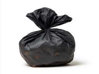 Tied black plastic garbage bag with visible dirt stains on surface, isolated on white background, showing texture and creases in material