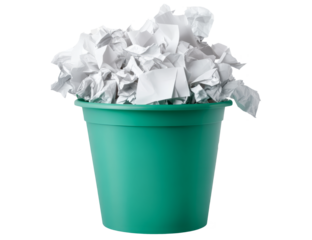 Overflowing Trash Can with Crumpled Paper on White Background