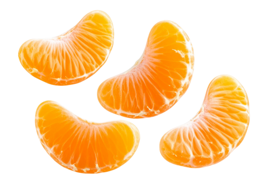   3 Tangerine slices flying, isolated on a transparent background