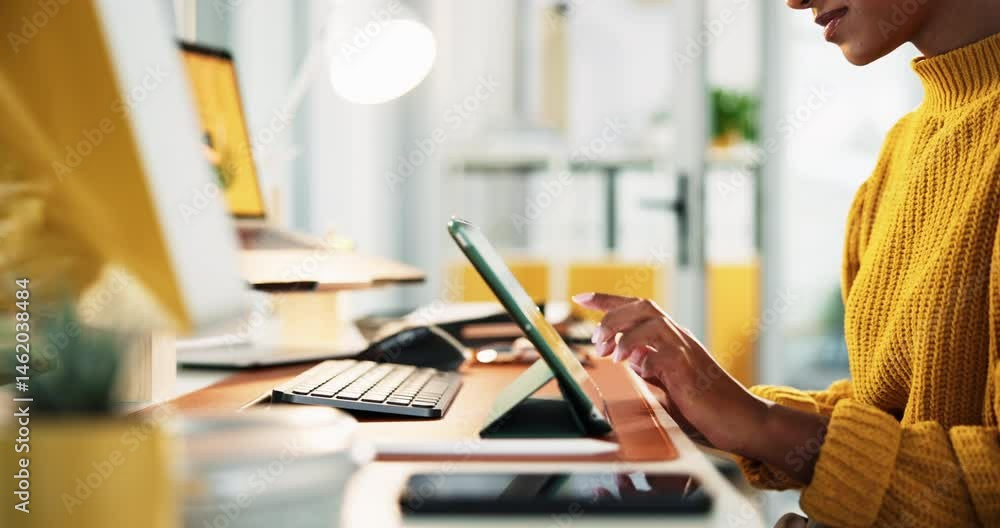 Poster design, hands and tablet with creative person closeup in office for administration or business. app,