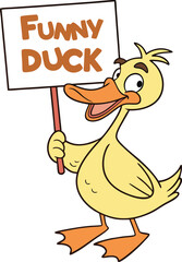 Funny Cartoon Duck Holding Sign – Playful and Humorous Animal Character Illustration for Kids and Entertainment
