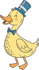Stylish Cartoon Duck with Blue Bow Tie and Hat – Whimsical and Vibrant Character Illustration for Children's Content