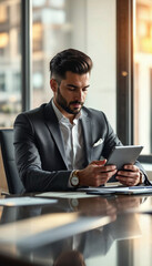 Male Professional Taking Notes at Desk in Bright Corporate Office