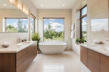 Fototapeta premium A contemporary bathroom with panoramic views, marble vanity, freestanding bathtub, and a large mirror, emphasizing natural light and connection to nature