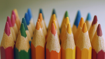 Colorful sharpened pencil tips arranged closely in rows, showing vibrant hues and detailed wood texture, evoking creativity and artistic inspiration in bright setting