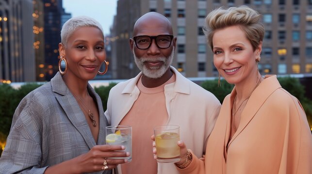 Stylish mature friends enjoying drinks on rooftop terrace at sunset. Urban lifestyle, friendship, elegance, and diverse representation of middle-aged fashion and social life.