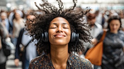 Smiling young woman in headphones with closed eyes in a midst of a blurred motion of a bustling crowd of a big city. Lost in sound, she smiles as the crowd rushes by around her.