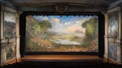 Theater Stage with Painted Backdrop: Capturing the theatrical grandeur, a stage is adorned with a meticulously painted backdrop depicting a scenic landscape.