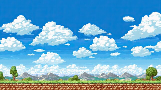 Retro pixel art game background with blue sky, clouds, grassy terrain and distant mountains in daylight