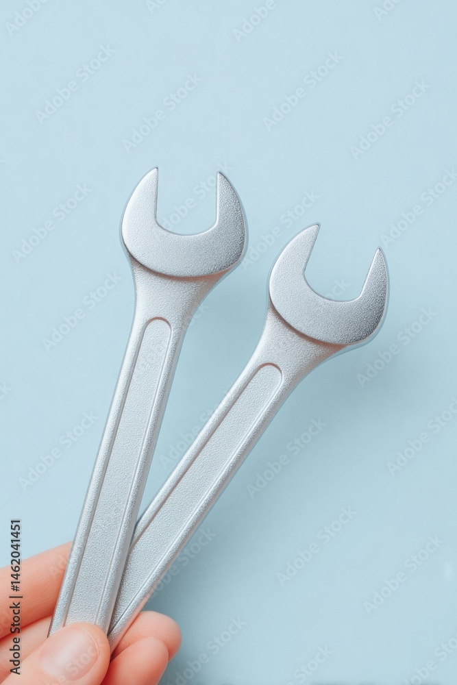 Poster close-up of two hands one holding wrench symbolizing hard skills and other book representing soft sk