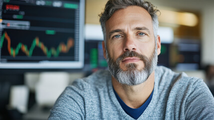 Obraz premium Professional man in trading office with financial charts in background, focused and confident