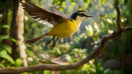 A vibrant small bird in flight amidst lush greenery.