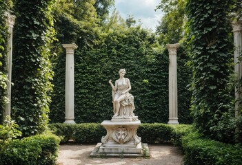 a classical marble statue of a draped woman sits upon a decorative pedestal framed by towering columns and lush green foliage in a serene garden setting.