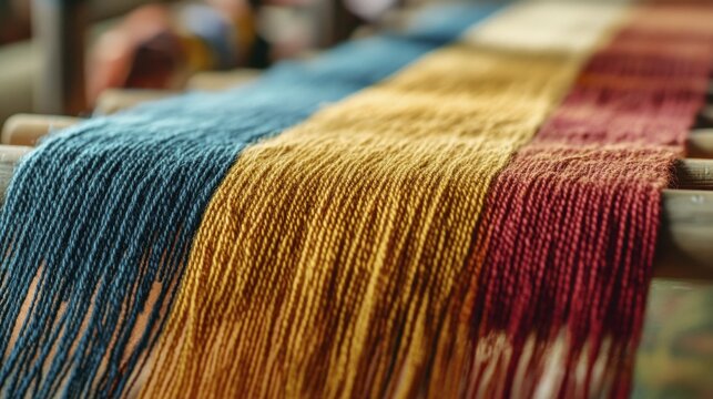 Woven Threads of Blue, Yellow, and Red on a Loom for Fabric Production