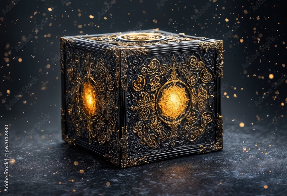 Poster a darkly ornate, golden-illuminated cube rests on a textured surface, surrounded by a shimmering cas