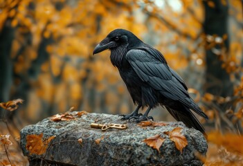 Fototapeta premium a majestic raven perches upon a weathered stone amidst the warm hues of an autumn forest.