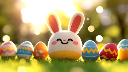 Smiling Plush Easter Bunny with Colorful Eggs in Sunny Grass