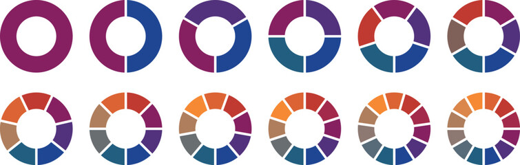Pie chart color icons. 1,2,3,4,5,6,7,8,9,10 segment infographic. Circle section graph. Flat process cycle. Progress sectors. Colorful diagram collection. Vector illustration