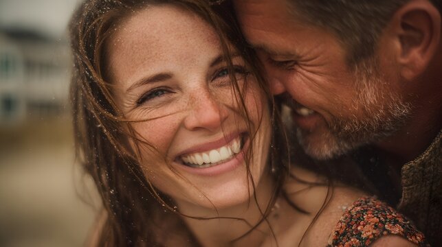 A happy couple embraces intimately du a romantic rain shower, their smiles reflecting pure joy and love.