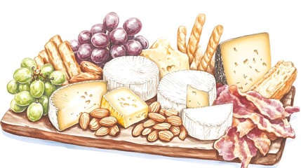 Colorful illustration of a gourmet cheese and cracker platter.