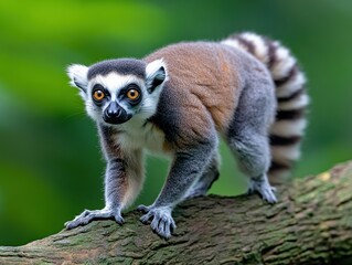 Obraz premium Ring-tailed lemur on branch, intense stare