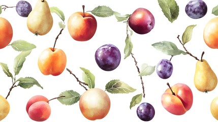 Watercolor illustration of various fruits and leaves.