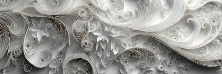 Intricate paper art featuring detailed floral designs and swirling patterns displayed elegantly on a textured background