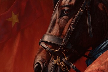 Close-up of a dark brown horse's head, wearing a bridle, set against a red backdrop.