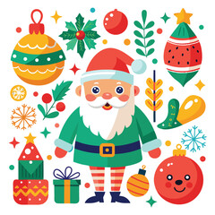 a festive assortment of Christmas icons, from Santa and snowmen to gingerbread men and twinkling stars on white  background