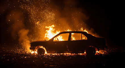 Car on Fire at Night with Sparks Flying Wildfire Concept