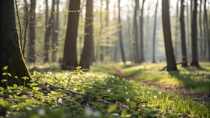 Obraz premium Morning forest path with blurred background nature scene tranquil environment soft light