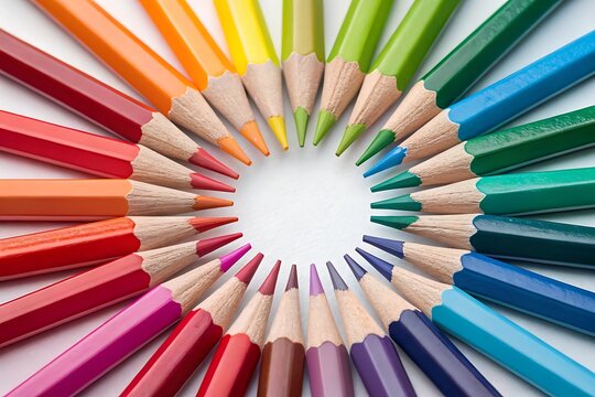 Colorful pencils circle: rainbow colored pencils arranged in a circle
