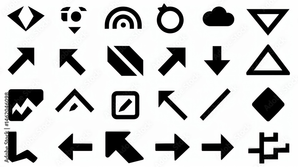 Poster collection of trendy black icons for user interface elements, arrows, shapes, and symbols for design